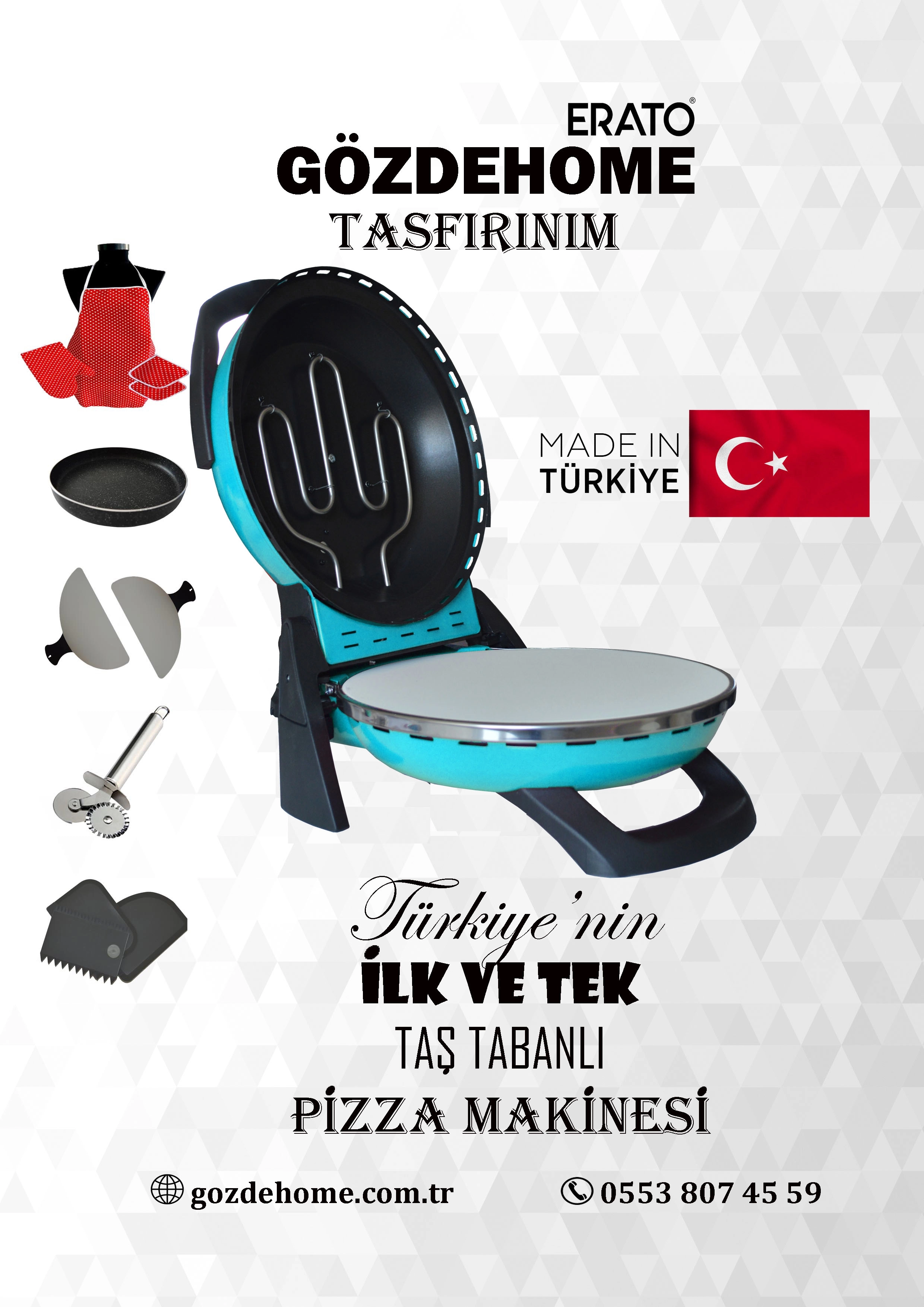 AÇIK MAVİ Gözdehome Erato Taşfırınım Doğal Taş Tabanlı Pizza Makinesi