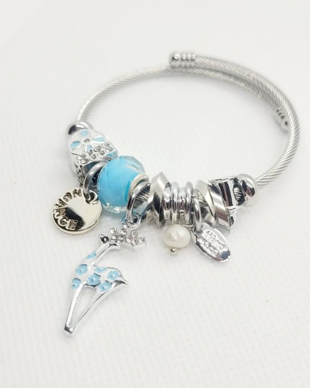 Geyik Charmlı Çelik Pandora Gümüş Renk Bileklik Mavi