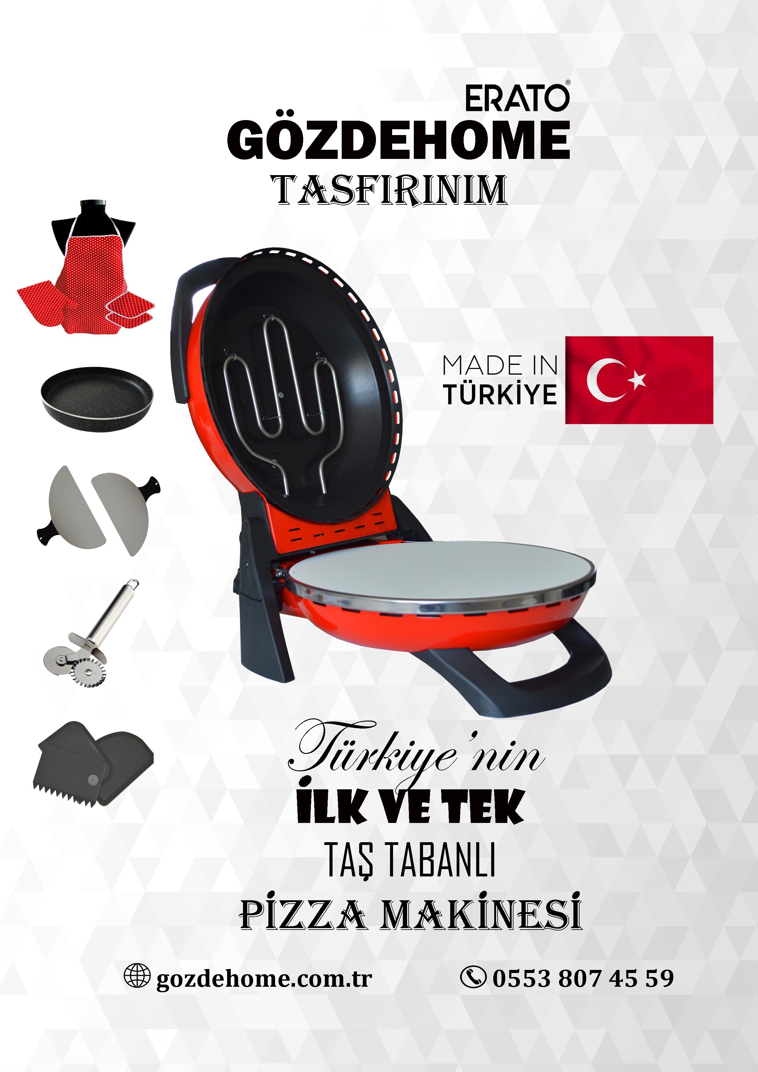 Gözdehome Erato Taşfırınım Doğal Taş Tabanlı Pizza Makinesi - AÇIK KIRMIZI